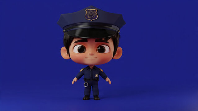 3D illustration of a friendly male police officer character in uniform with a cap against a blue background
