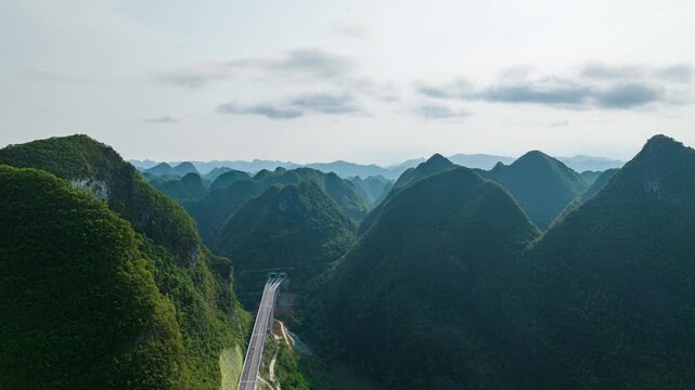 Aerial view of karst mountain landscape in Fengshan County, Hechi, Guangxi