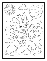 Triceratops Astronaut Floating in Space Coloring Page for Kids. Simple Black and White Dinosaur Space Illustration. © laky