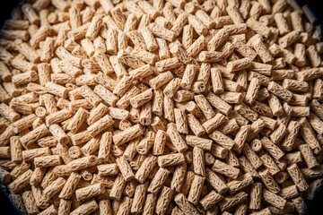 Obraz premium Wood pellet cat rubbish fills a pile. Natural, eco-friendly filler pellets made from sawdust. Absorbent material for pet waste in a litter box.
