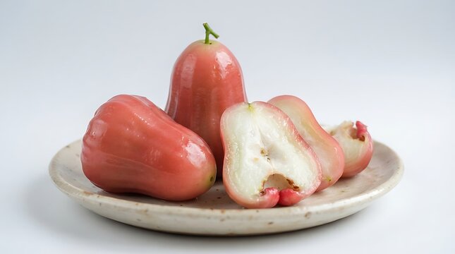 Fresh Rose Apples on Plate Isolated on White Background for Commercial Food and Health Nutrition Photography