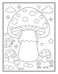 Easy Large Mushroom Coloring Page for Kids. Cute Printable Fantasy Garden Coloring Book Illustration.