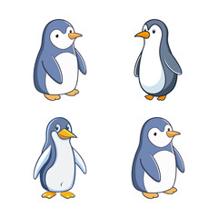 Obraz premium Four cute cartoon penguins standing in line - Four cheerful cartoon penguins in black, white, and orange colors standing in a simple, playful line formation.