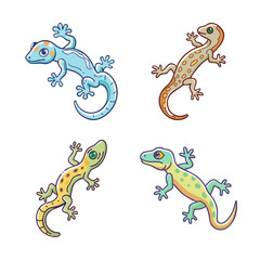 Fototapeta premium Four colorful cartoon lizards illustration - Bright and cheerful cartoon lizards in different colors arranged in a playful formation.