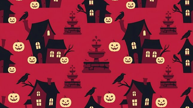 Spooky Halloween seamless pattern with haunted houses