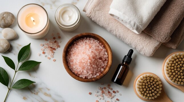 Spa wellness flat lay on marble surface. Pink salt in wooden bowl sits near scented candle, cream jar, oil bottle, soft towels. Natural stones, green leaves add zen mood for relaxation, skincare,