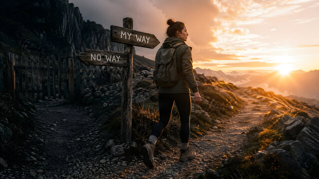 Female Hiker Choosing Her Own Path at Mountain Trail Crossroads During Sunset. My way and no way concept.