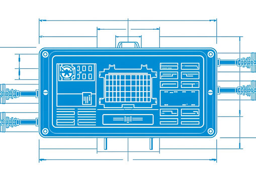 Technical blueprint of an electronic control unit with wiring diagrams and schematic lines.