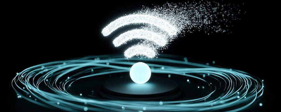 Glowing wifi symbol dissolving into digital particles above fiber optic cables