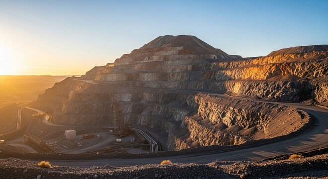 Vast open-pit mine with layered terraces under warm sunrise light, showcasing industrial excavation and mineral extraction.