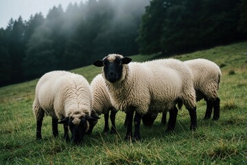 Fototapeta premium Sheep graze on a green grassy hill near a dark forest. A flock of sheep with woolly white bodies and black faces wanders outdoors in a natural landscape during daytime. Many animals eat grass.