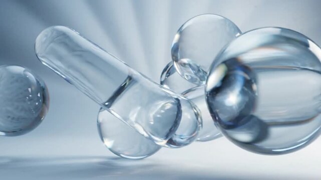 Abstract Liquid Forms: Gleaming glass spheres and a tubular capsule float in a serene, light-infused environment, suggesting fluidity, purity, and scientific advancement.