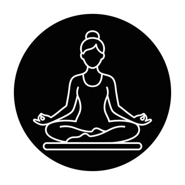 Black and white icon of a woman meditating in a lotus pose on a yoga mat with hands in mudra gesture