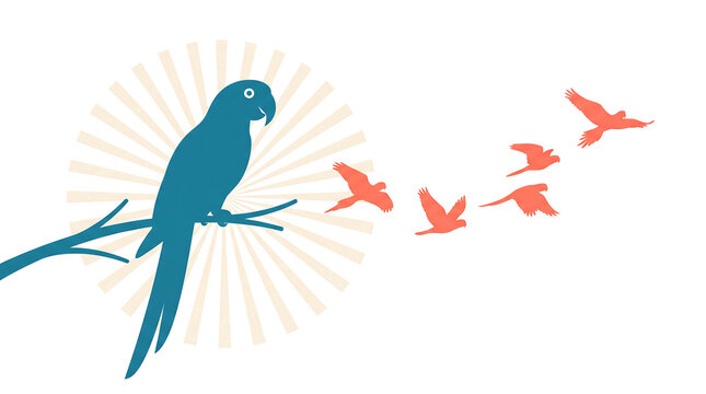 Landscape-oriented flat vector poster featuring a large warm teal-blue silhouette of a parrot perched at left foreground with a simple eye dot and curved beak