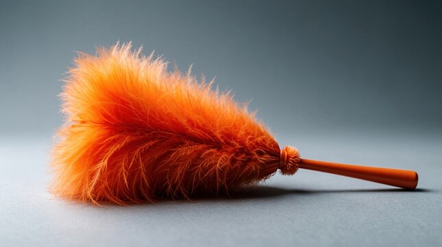 Bright orange feather duster lies on gray background. Fluffy cleaning tool with soft plumage for domestic maintenance. Household supply for dusting dust, dirt. Minimalist object for home care,