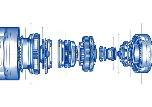 Technical blueprint of a complex mechanical gear assembly and industrial transmission system.