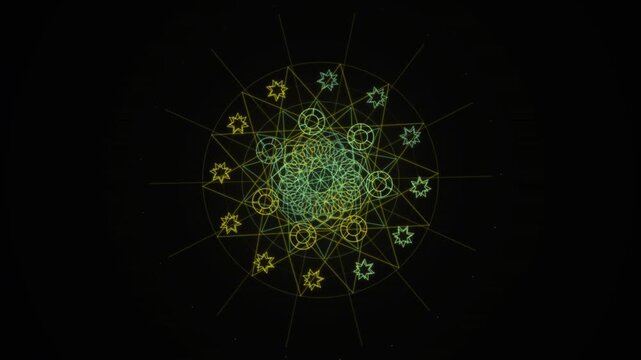 Glowing green mandala with looping geometric patterns and star motifs on a dark background