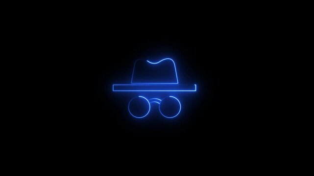 neon incognito icon isolated on black background. Incognito mode icon animation. Private mode incognito mode animation. 4k video incognito animation