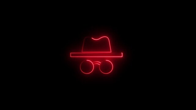 neon incognito icon isolated on black background. Incognito mode icon animation. Private mode incognito mode animation. 4k video incognito animation