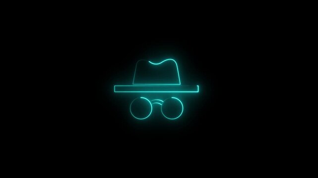 neon incognito icon isolated on black background. Incognito mode icon animation. Private mode incognito mode animation. 4k video incognito animation