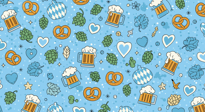 Seamless vector pattern for Oktoberfest festival featuring beer mugs with foam, pretzels, hops, Bavarian hearts, and checkered pumpkins on a blue background with doodle elements.