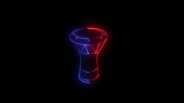 Glowing neon darbuka icon isolated on black background. Musical instrument. showcasing a minimalist outline of a traditional ethnic percussion musical instrument. 4k video darbuka animation.