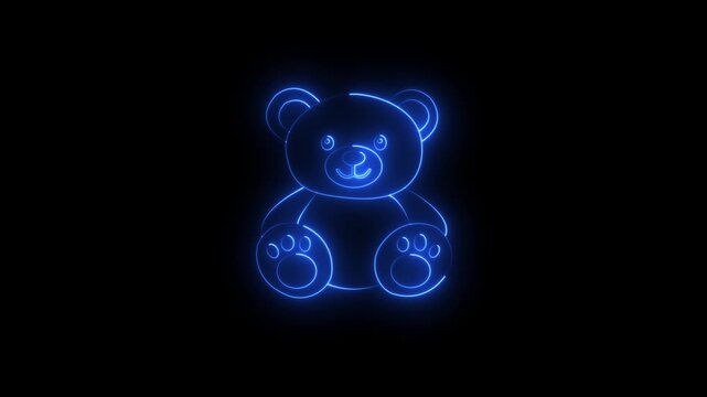 glowing neon teddy bear icon isolated on black background. representing plush toys and childhood comfort. perfect for children&rsquo;s products, baby items, and playful graphic designs. 4k video animation .