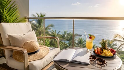 Fototapeta premium Luxury Summer Vacation on Tropical Hotel Balcony with Ocean View