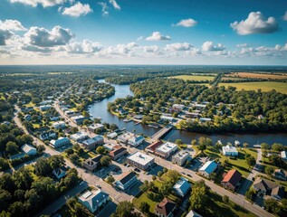 Fototapeta premium Aerial view of Putnam County Florida showing detailed road map, river. Panoramic landscape with small town, houses, green trees, winding water. Urban area meets nature with blue sky, white clouds