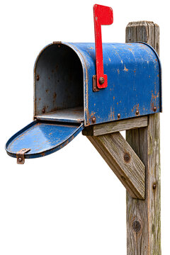 Old rustic blue metal mailbox with a red flag mounted on a wooden post isolated on transparent background