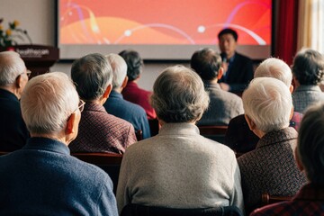 Obraz premium Elderly audience listens to speaker at presentation. Seniors attend health seminar in conference room. Man talks from stage with projector screen behind.