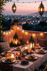 Fototapeta premium Romantic sunset dinner on cozy urban patio. Table set with tasty food, wine, candles, lanterns. String lights hang above balcony overlooking city lights at twilight. Elegant evening meal in outdoor
