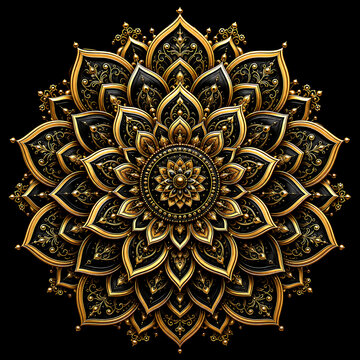 Golden mandala ornament on black background. Luxury floral pattern for spiritual design.
