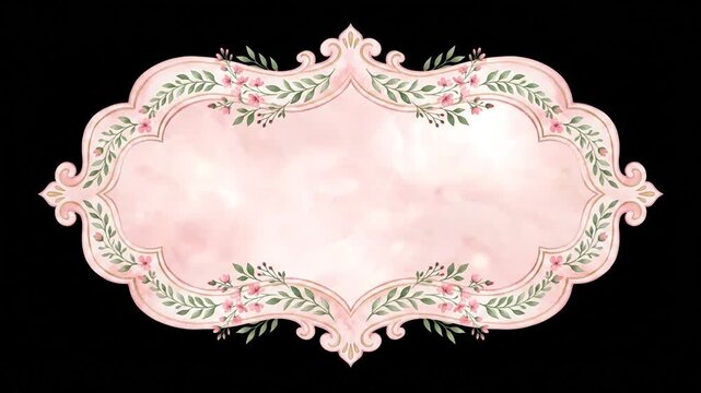 Elegant pink watercolor floral frame with shimmering light on black background