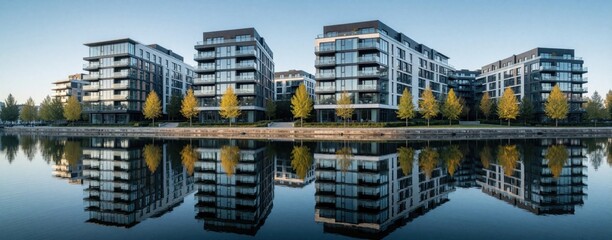 Fototapeta premium Modern apartment blocks with glass facades stand by calm water reflecting buildings and trees. Buildings have balconies and rooftop terraces, showing sunrise.
