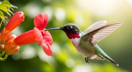 Obraz premium Ruby Throated Hummingbird Sips Nectar from Vibrant Orange Trumpet Vine Flowers.