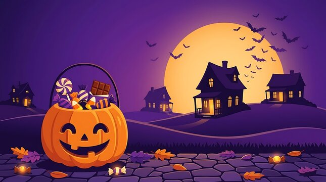 Halloween spooky night with jack o lantern and houses