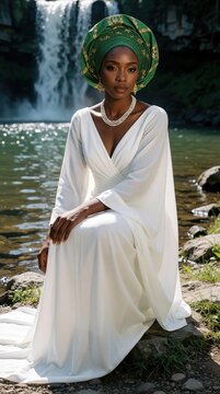 Young African American woman in white dress poses by waterfall. Wears green gele headwrap, pearl necklace. Beautiful model sits on rocks near river with nature background. Ethnic fashion style with