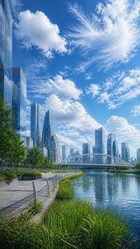 Vertical Fictional Riverwalk With Bridge Greenery and Cloudy Sky