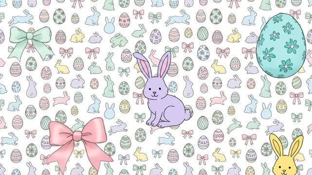 Cute purple Easter bunny sitting on pastel background with floating eggs and bows.