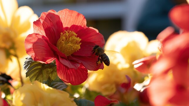simile. A vibrant artificial flower among real blossoms with a bee approaching in a garden. gardening catalogs, home-decor guides, designed for home decor and floral branding.
