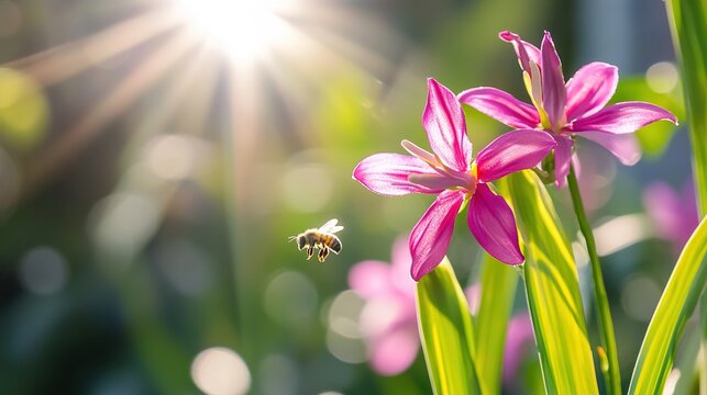 simile. A vibrant artificial flower among real blossoms with a bee approaching in a garden. gardening catalogs, home-decor guides, designed for home decor and floral branding.