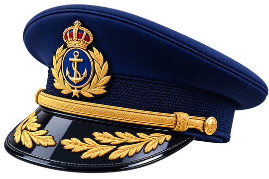 A detailed navy officer peaked cap with golden emblem and visor isolated on transparent background