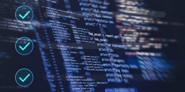 Fast automated business reporting and task completion concept. Digital dashboard with approval checkmarks and financial data script. Panoramic background.