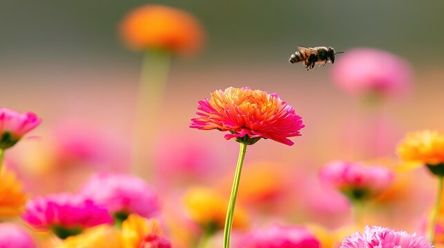 simile. A vibrant artificial flower among real blossoms with a bee approaching in a garden. gardening catalogs, home-decor guides, designed for home decor and floral branding.