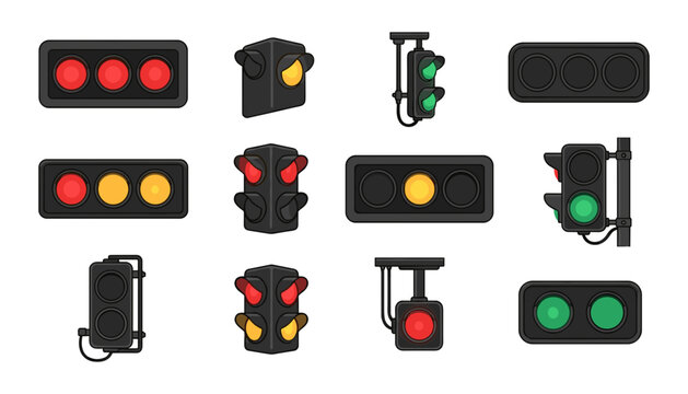 Traffic Light and Road Signal Vector Icon Set Featuring Horizontal and Vertical Semaphores with Red, Yellow, and Green Lamps for Urban Transportation, City Infrastructure, and Driving Safety Designs