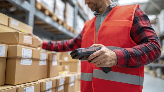 Warehouse worker scanning boxes with barcode reader in logistics center