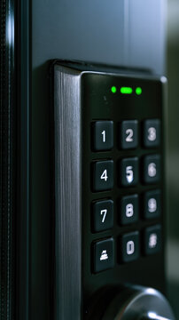 Opening smart lock keypad with green indicator and brushed metal frame, captured vertically with shallow focus, dark interior setting, and modern security technology