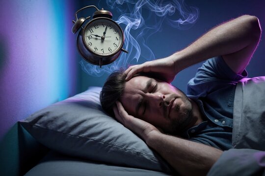 Man suffers from insomnia lying in bed with alarm clock hovering above head. He holds his temples in frustration, unable to sleep through the night.