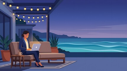 Fototapeta premium Woman Relaxing On Coastal Balcony With Laptop At Dusk.